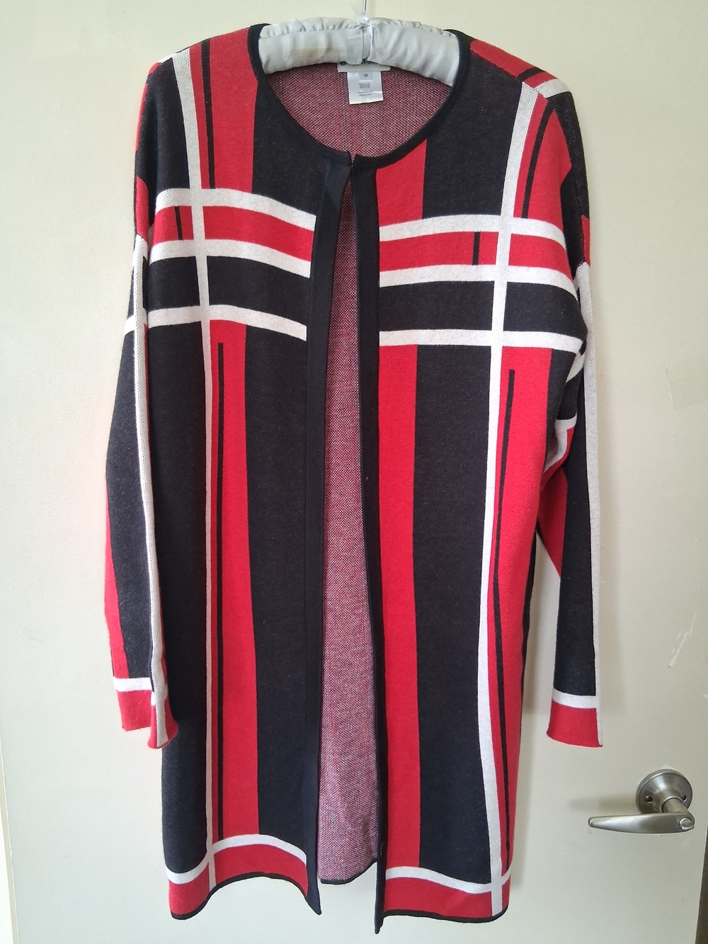 Women's Open-Front Geometric Stripe Cardigan Sweater - Red, Black & White